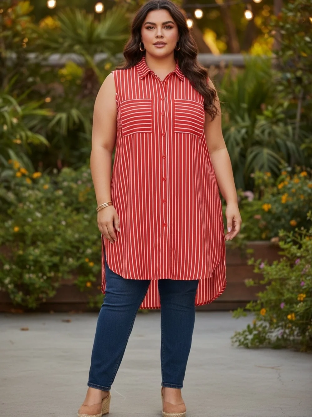 Sleeveless Plus Size 3X Red & White Striped Button-Front Tunic Shirt - Picture 2 of 6